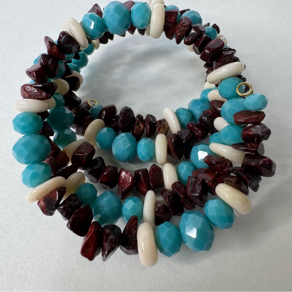 Hand Crafted Turquoise Glass, White Coral & Tiger Eye Gemstone Bracelet NWT